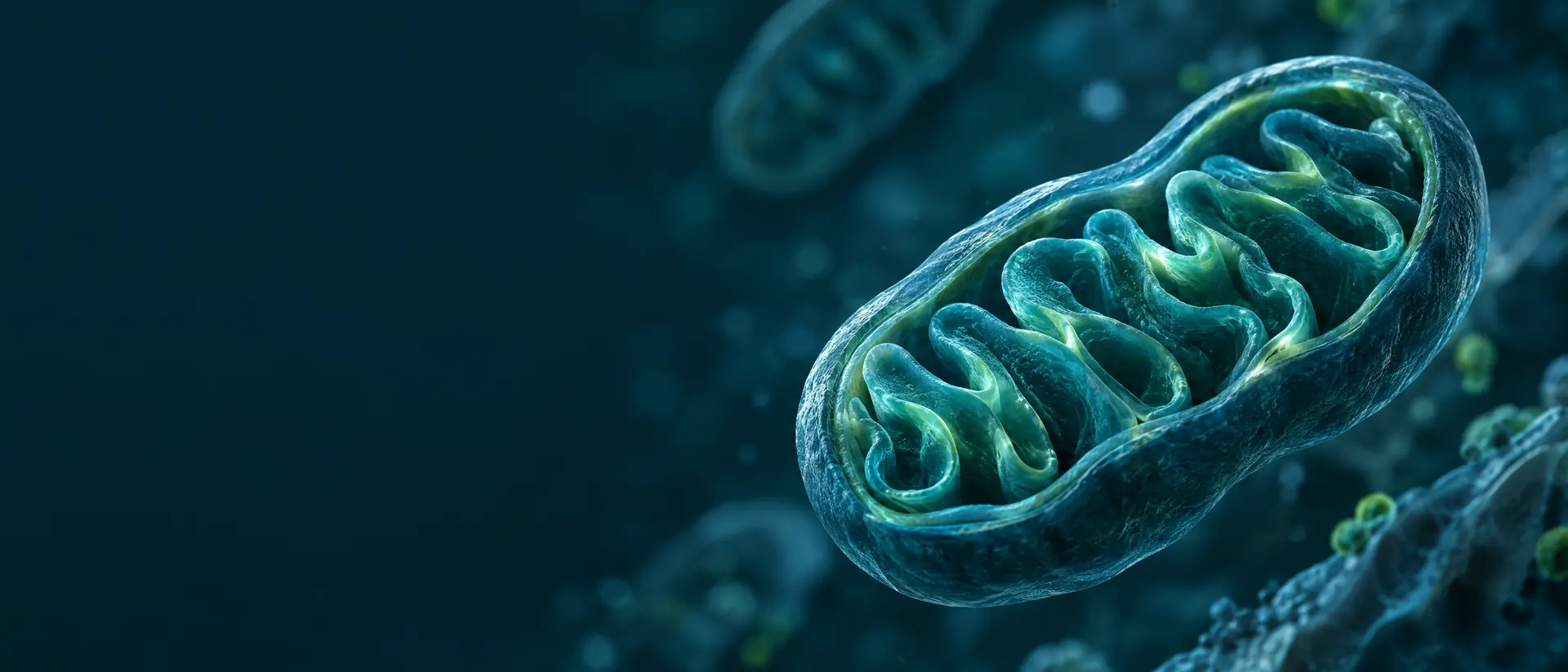 Double-membraned organelle with folded inner ridges glowing in teal