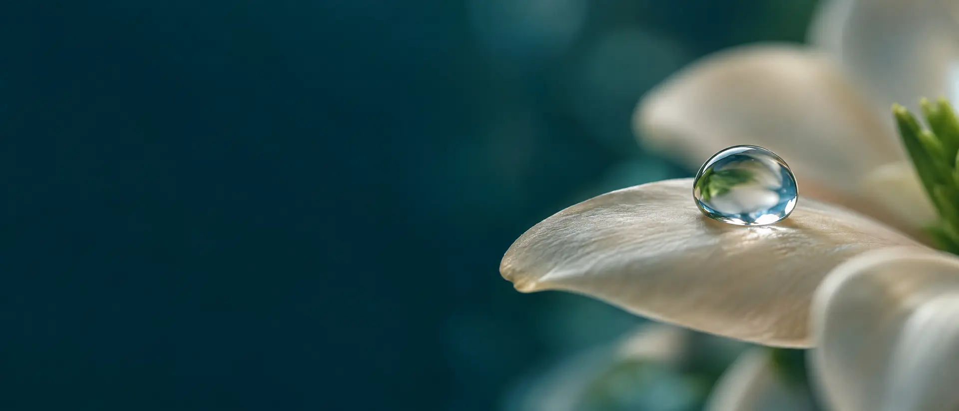 Dewdrop resting on a smooth ivory petal surface