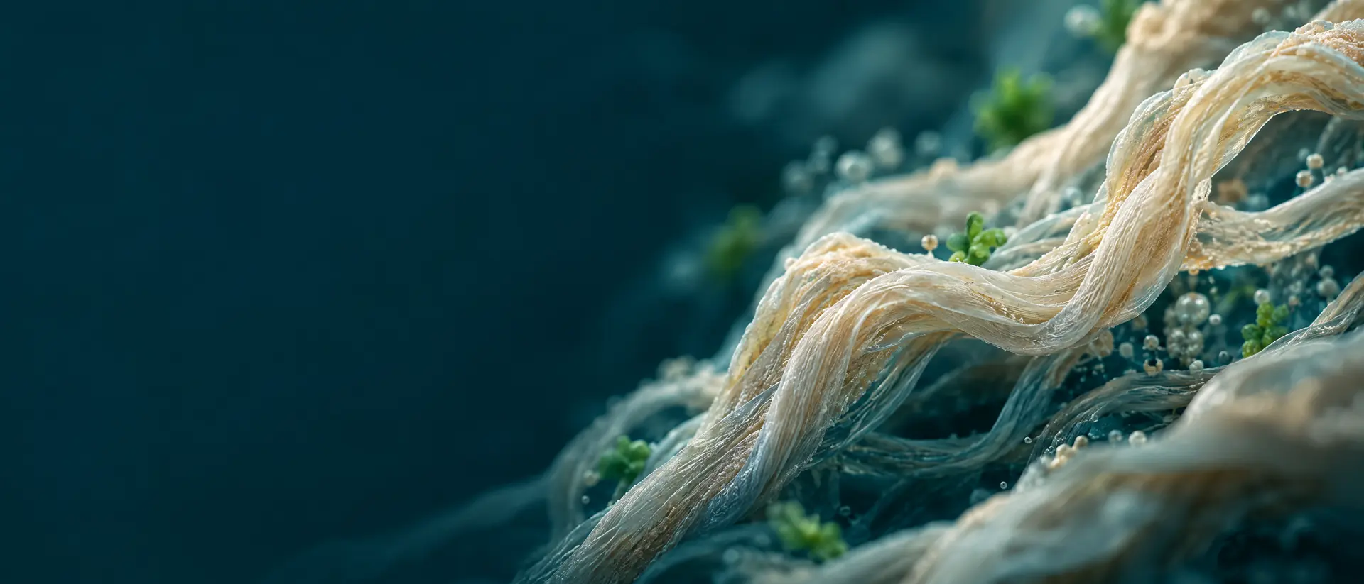 Wavy fibers in sand and ivory tones softly lit against dark teal