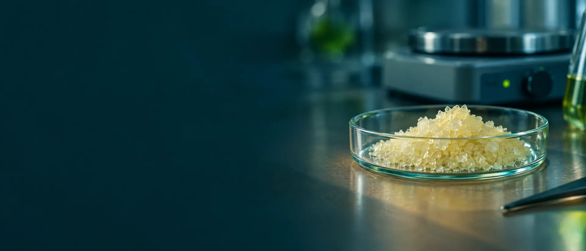 Pale yellow crystals in a glass dish with a soft-focus hotplate behind