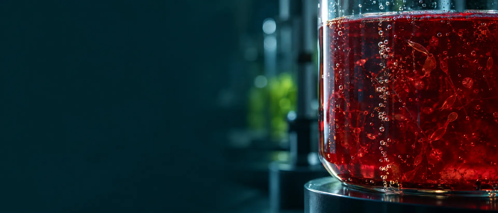 Glass vessel of deep red microalgae culture glowing under side light with rising bubbles