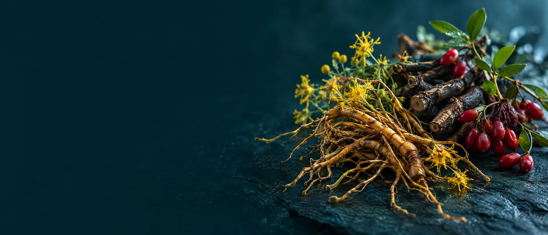 Bright yellow barberry and goldthread roots on dark slate under cool rim light