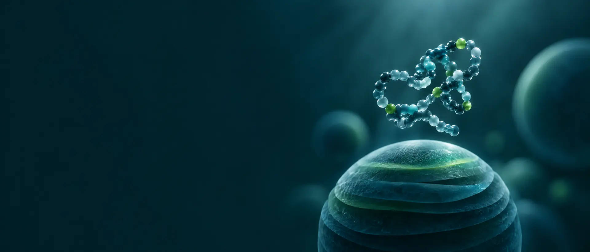 Short folded bead-chain peptide hovering above a softly lit layered sphere