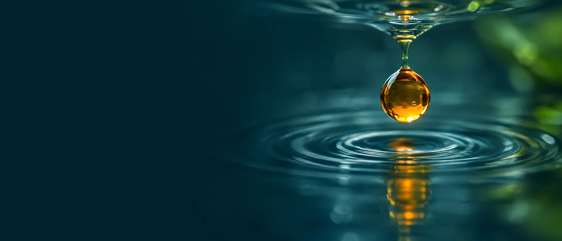 Amber oil droplet suspended in clear water with soft concentric ripples on a dark teal background