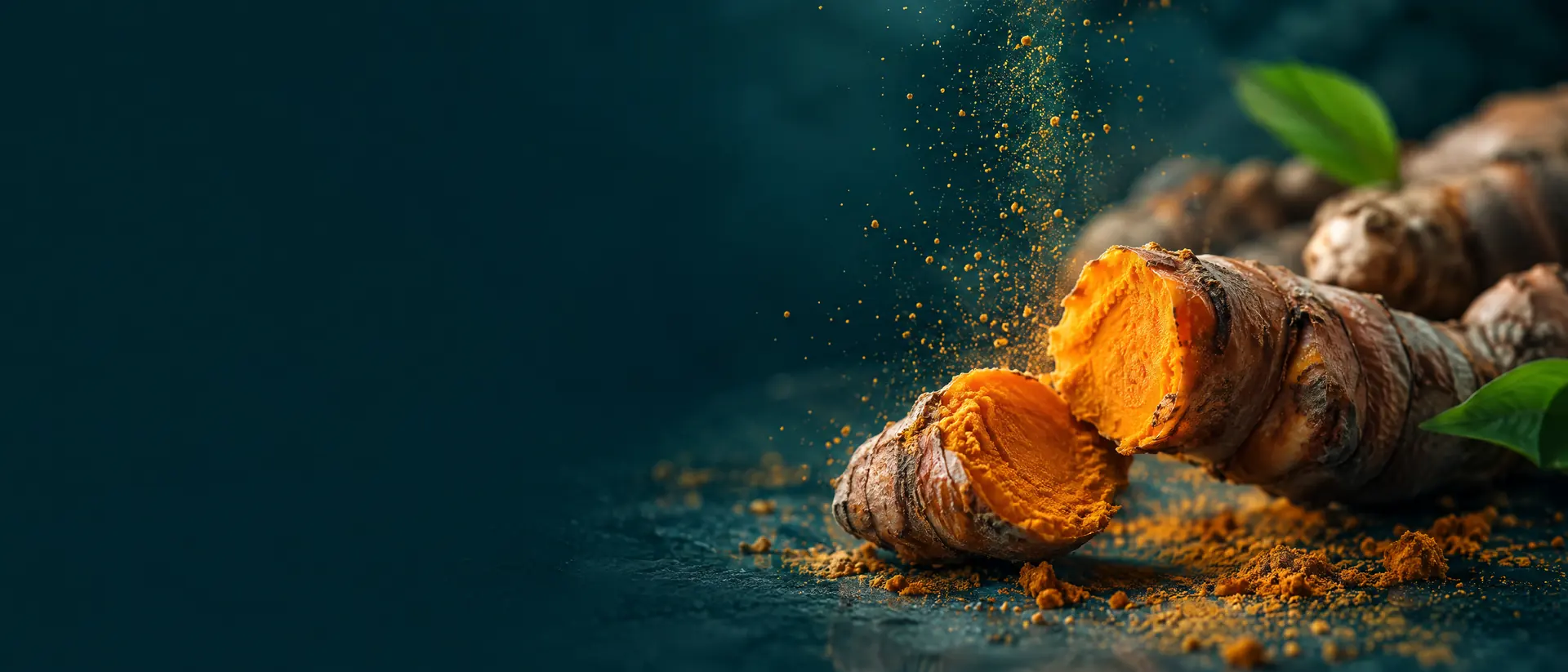 Broken turmeric root with bright orange interior and drifting powder in soft side light