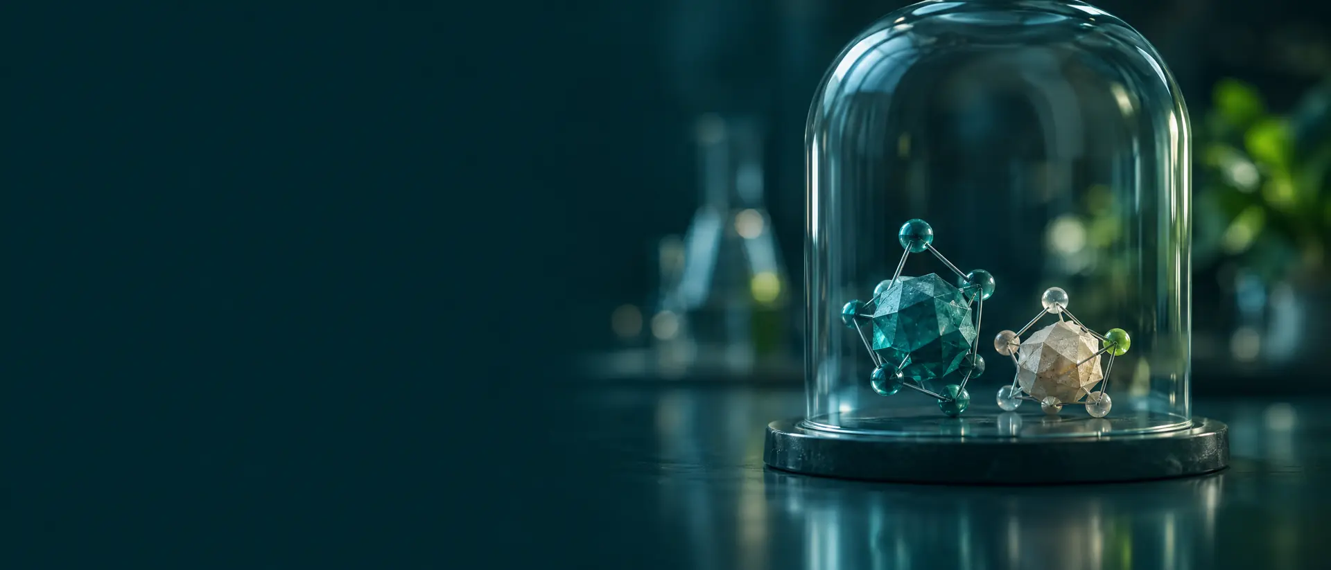 Two small faceted molecular forms under a soft-focus glass bell in dark light