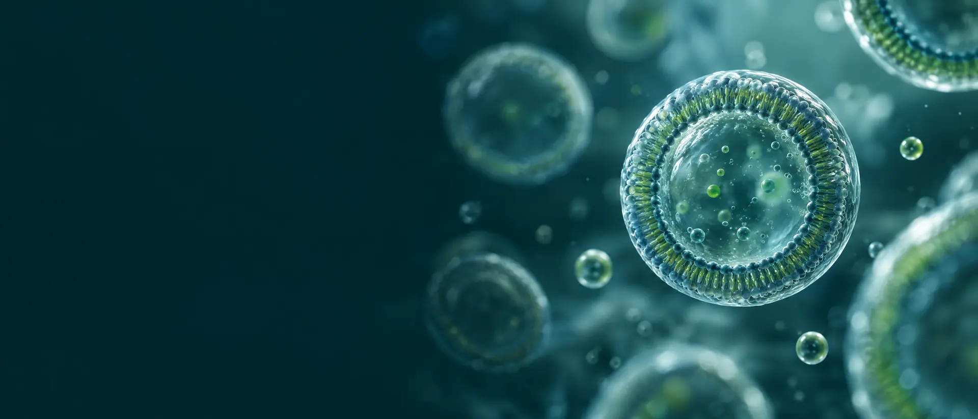 Translucent spherical vesicles floating in pale fluid, one in focus with a bilayer rim