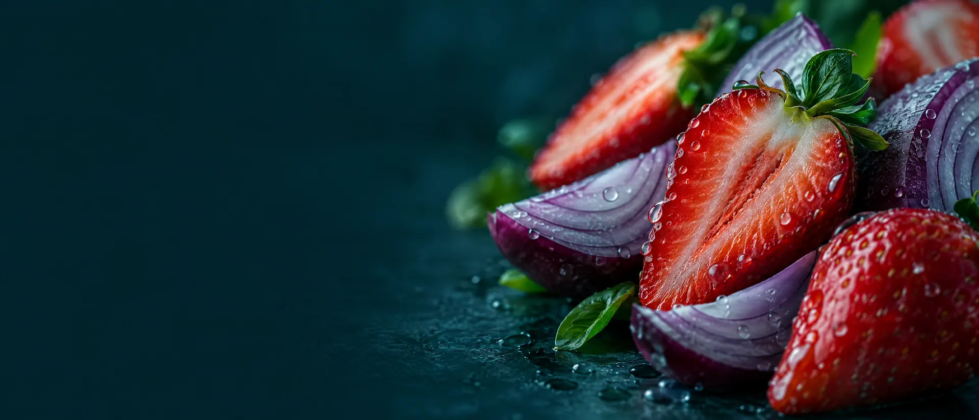 Sliced strawberries and red onion layers with water droplets in cool shadow