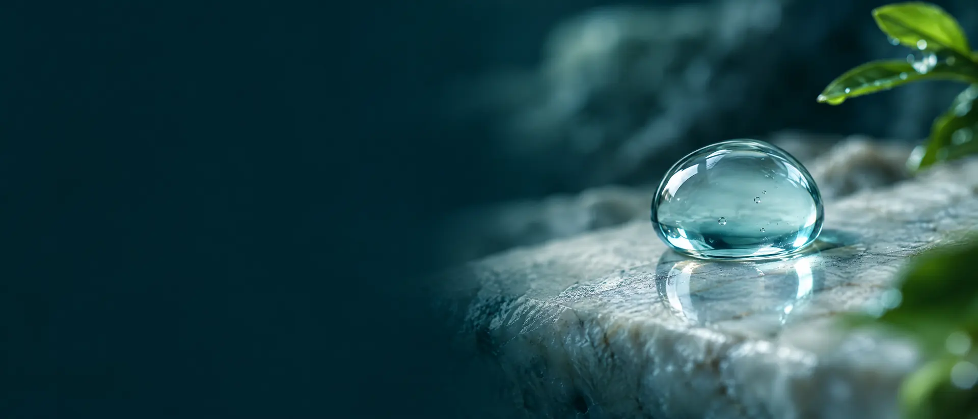 Blue-tinted serum droplet resting on pale stone with soft reflection