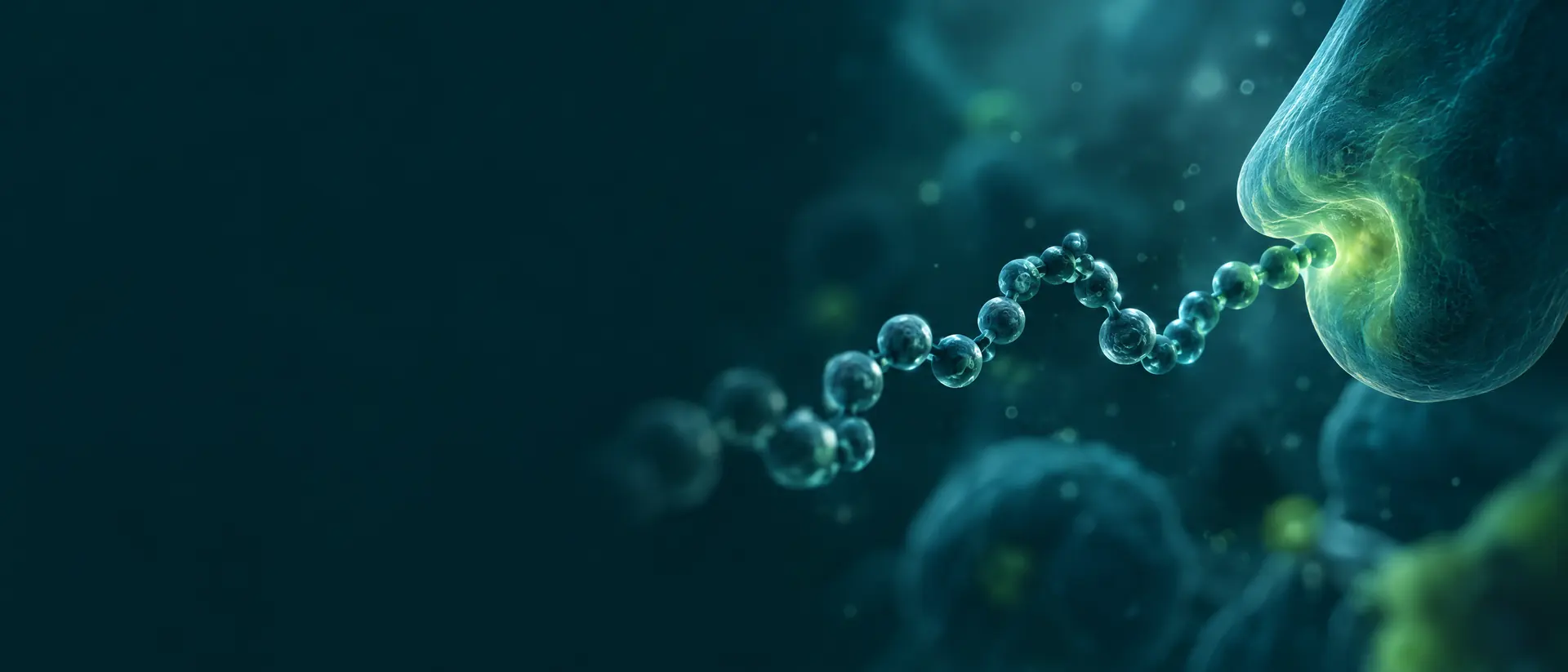 Bead-chain peptide drifting toward a softly glowing rounded gland form