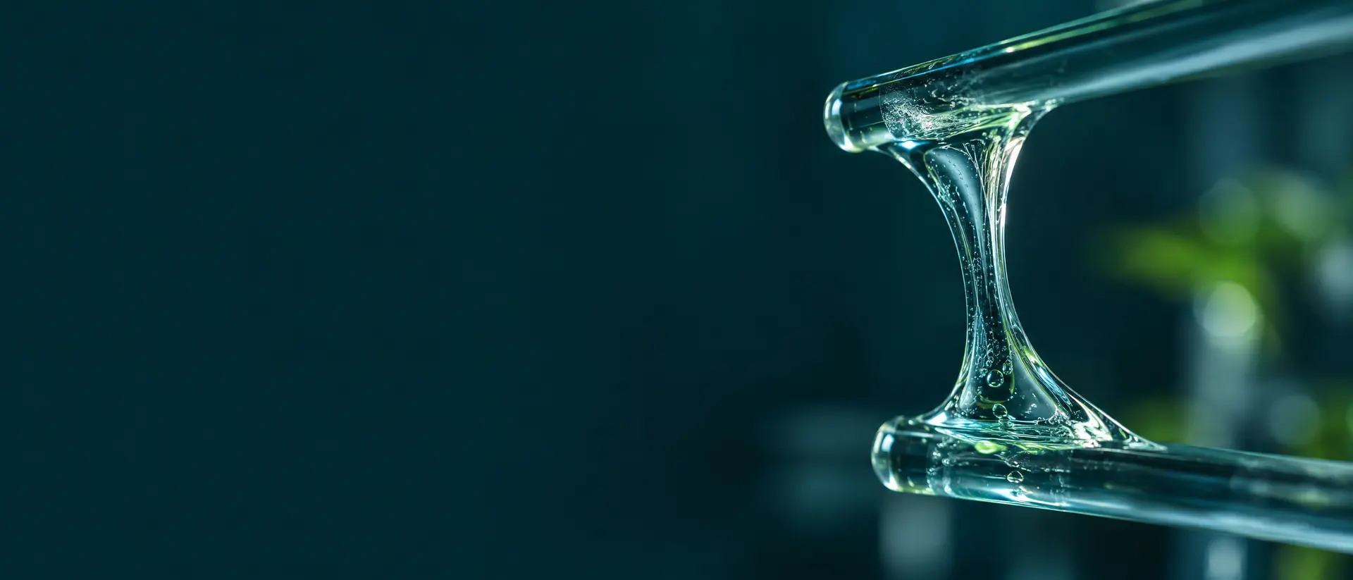 Clear viscous gel stretching between two glass rods in soft light