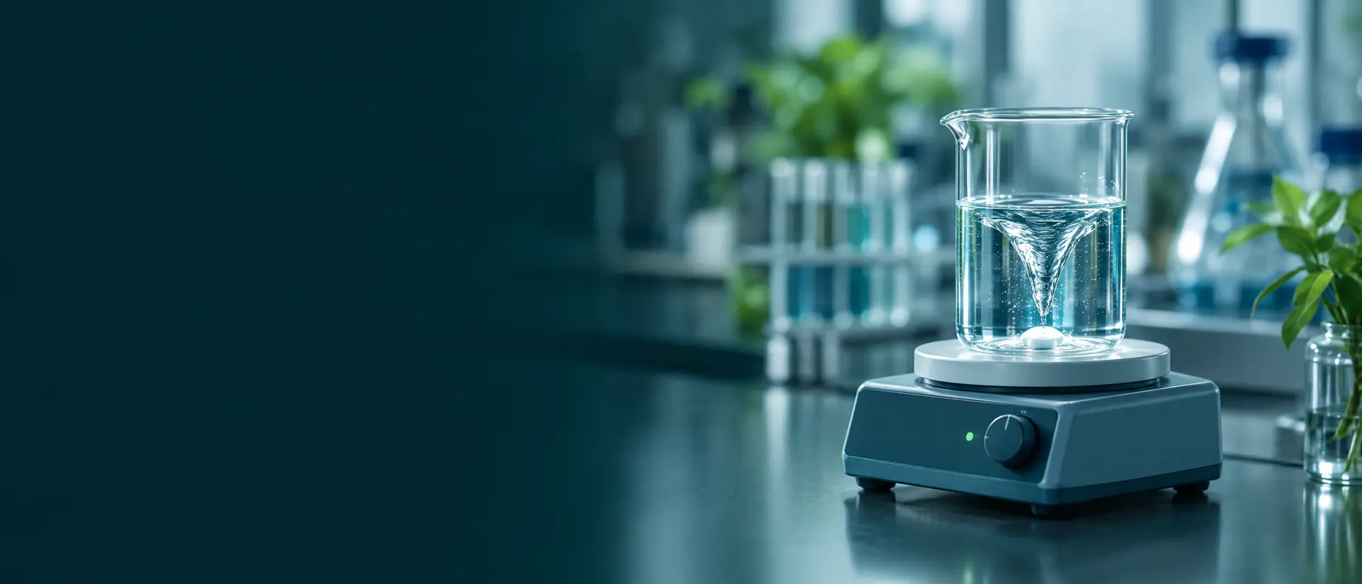 Glass beaker of clear solution on a magnetic stirrer in a softly lit formulation lab