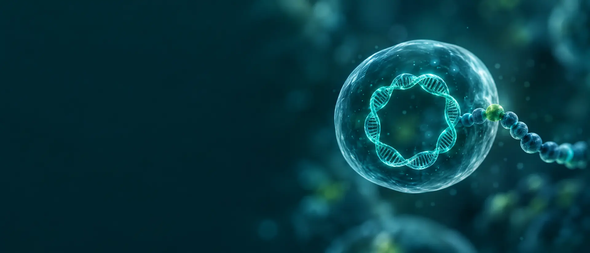 Small circular DNA loop inside a translucent oval with a short bead chain emerging