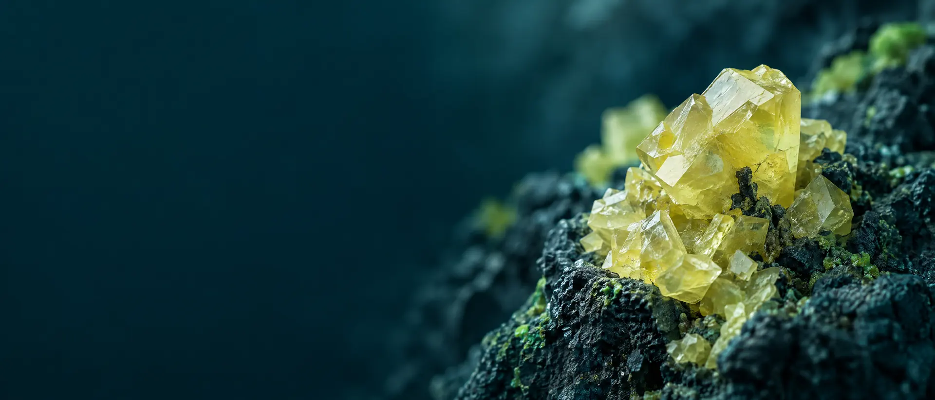 Pale yellow crystals on dark stone under soft teal light