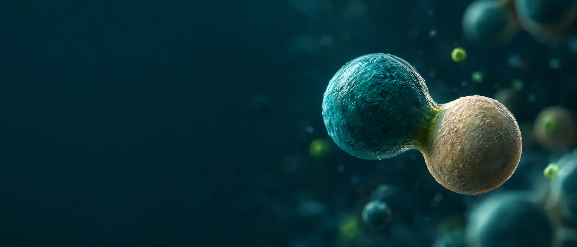 Large two-part linked-sphere molecule in teal and sand in dark space