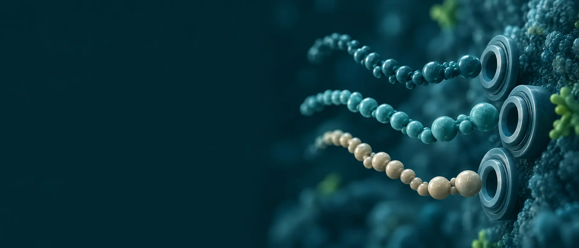 Three abstract bead-chain molecules arranged in an arc beside concentric ring shapes