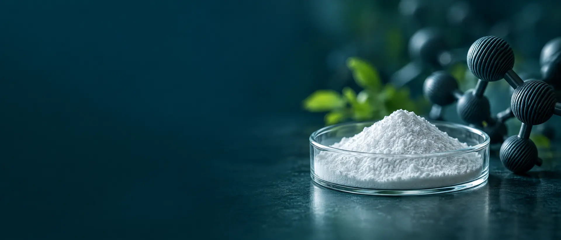 Fine white powder in a glass dish beside a ribbed molecular form