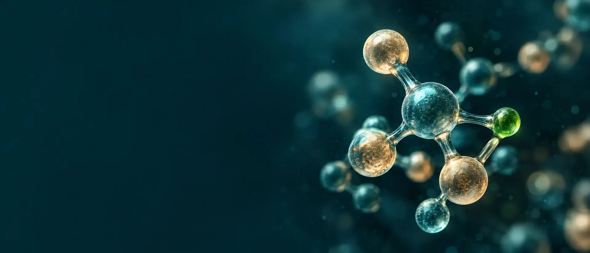 Small molecule of linked spheres glowing sand and teal in dark space
