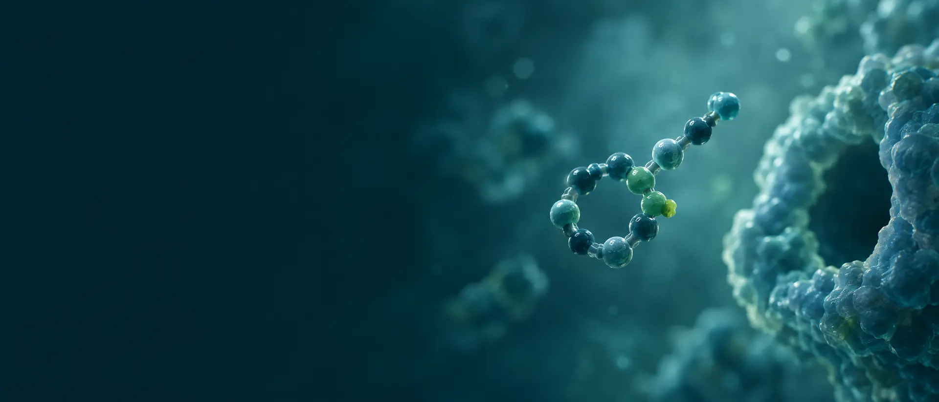 Short looped bead-chain peptide floating in teal haze beside a faint ring
