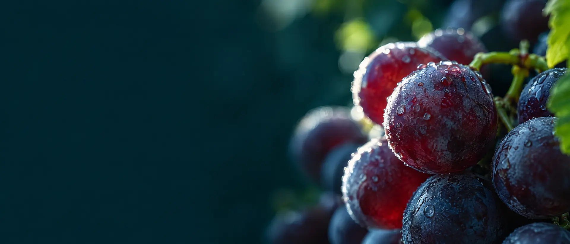 Close-up of dark red grape skins with fine moisture in soft backlight