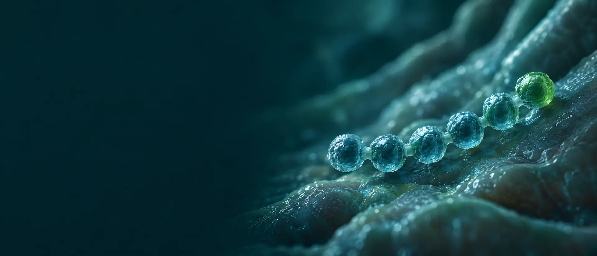 Seven-bead peptide chain resting on a moist textured surface in soft teal light
