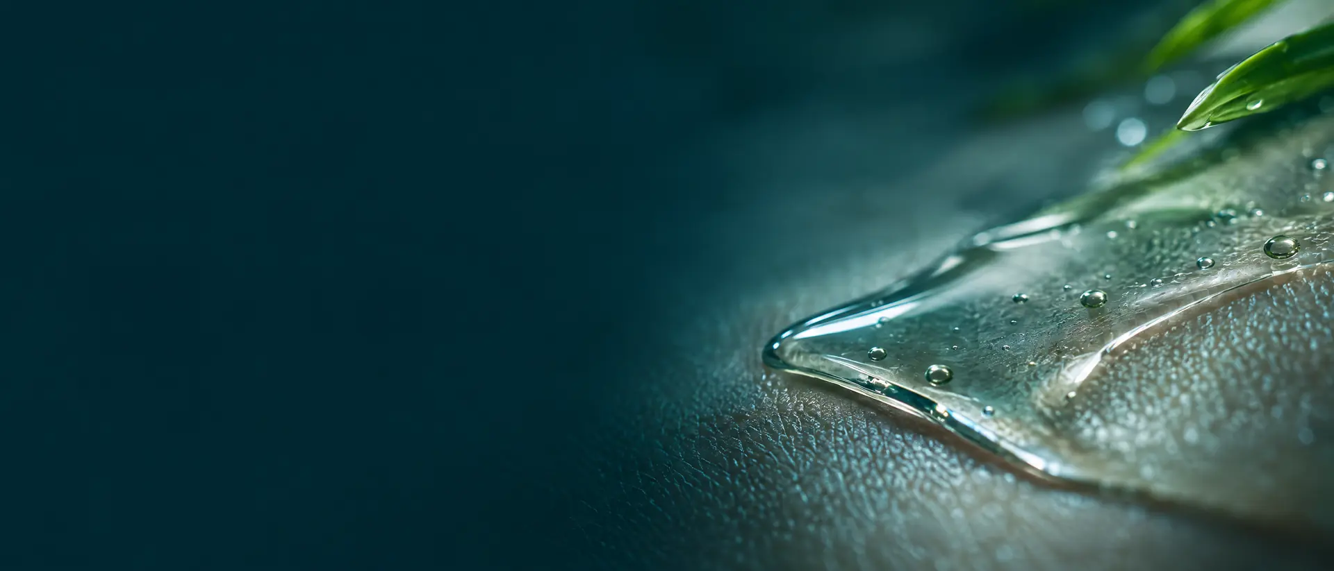 Clear serum film spreading across a textured pale surface in grazing light