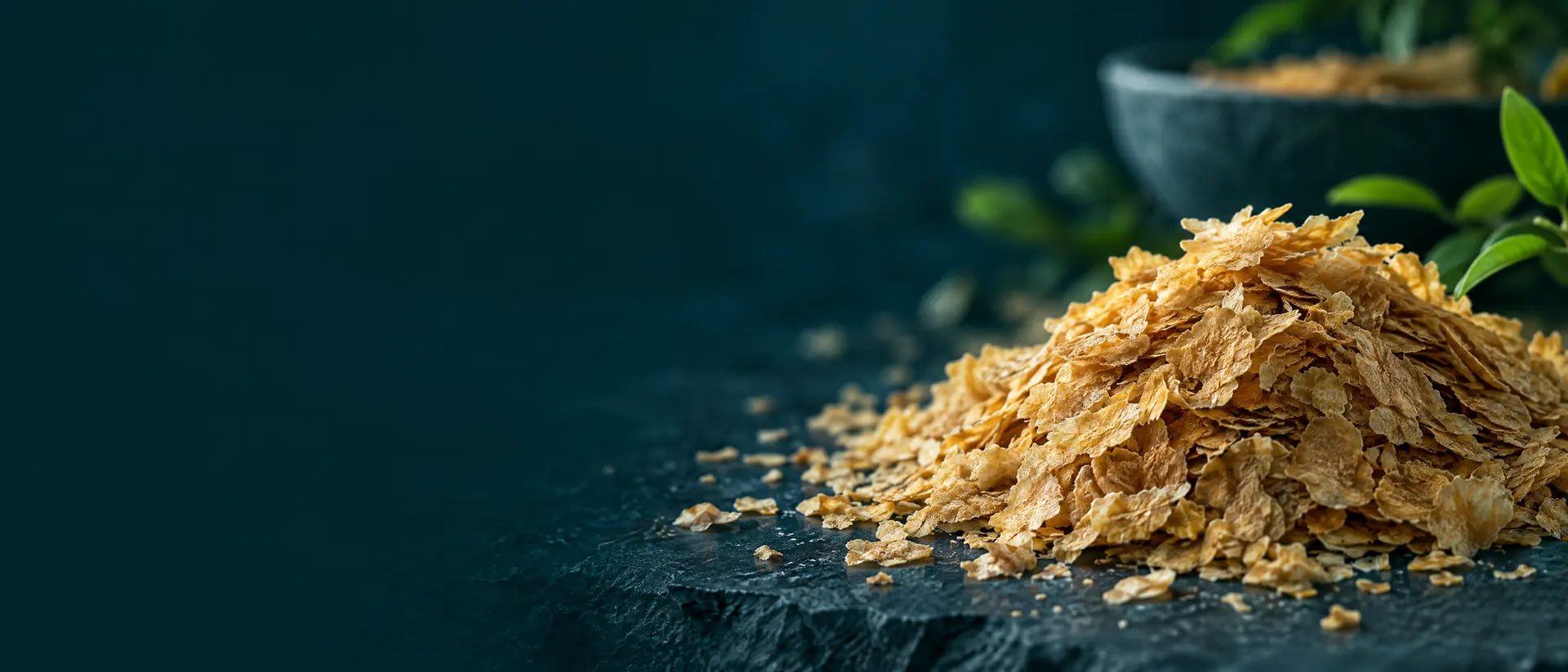 Golden wheat germ flakes piled on dark stone in soft directional light