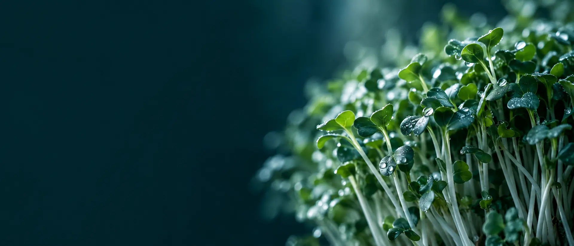 Dense broccoli sprouts with small green leaves and white stems in dewy backlight