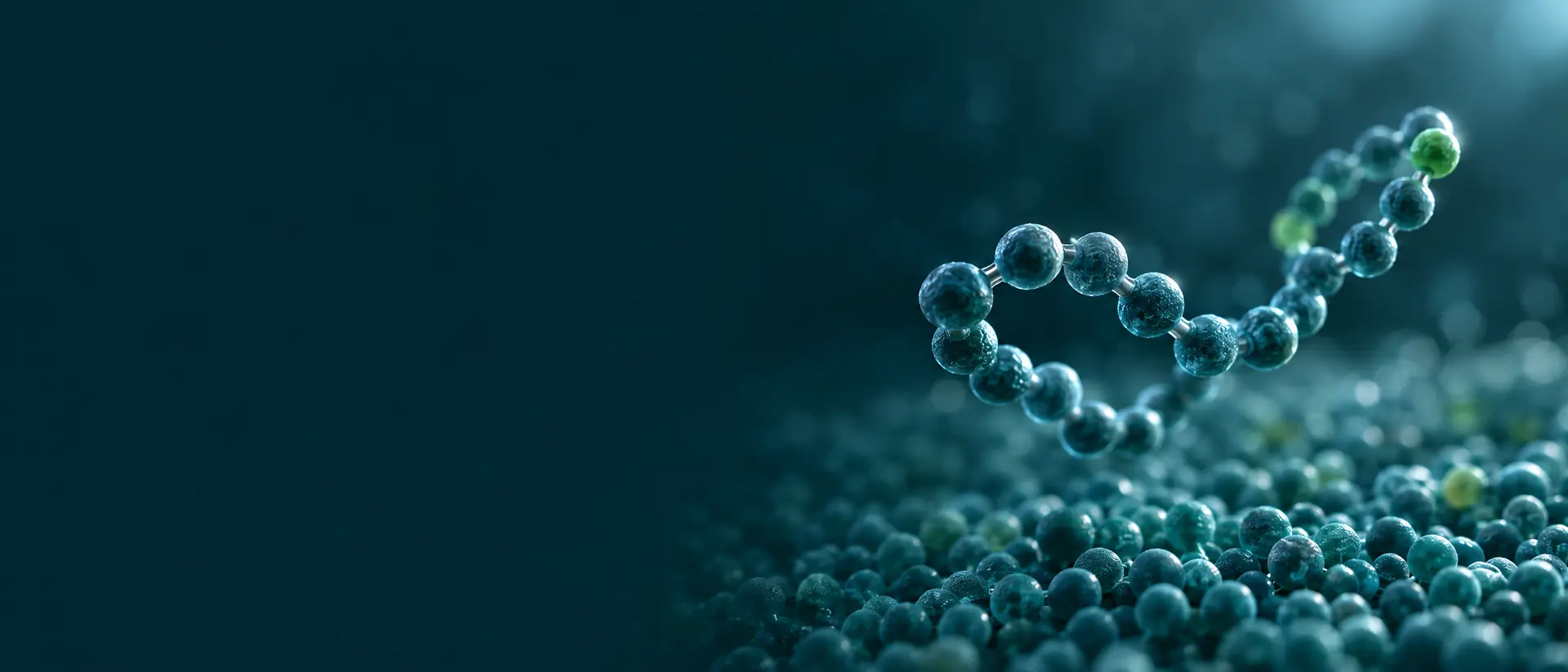 Compact bead-chain peptide suspended above a field of small teal spheres