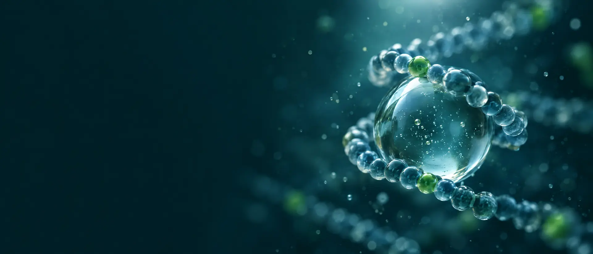 Long bead-chain peptide curling around a clear droplet-like sphere in teal light