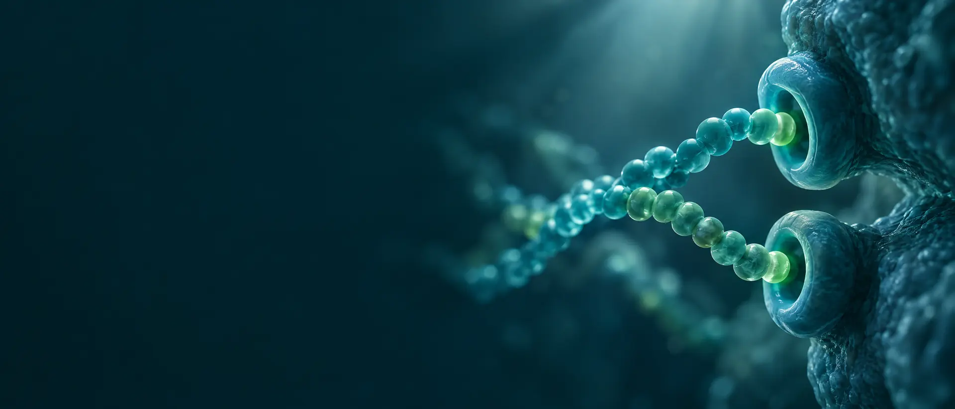 Two abstract bead-chain molecules approaching ring-shaped receptor forms in soft teal light