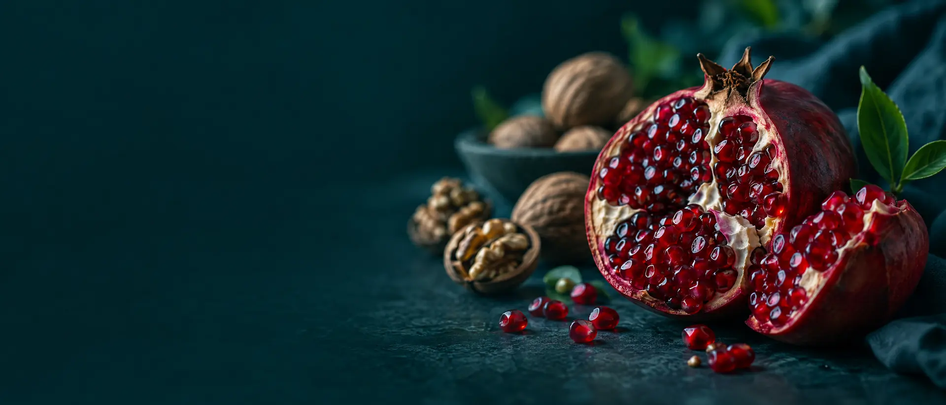 Split pomegranate with glistening ruby arils and walnuts softly blurred in low light