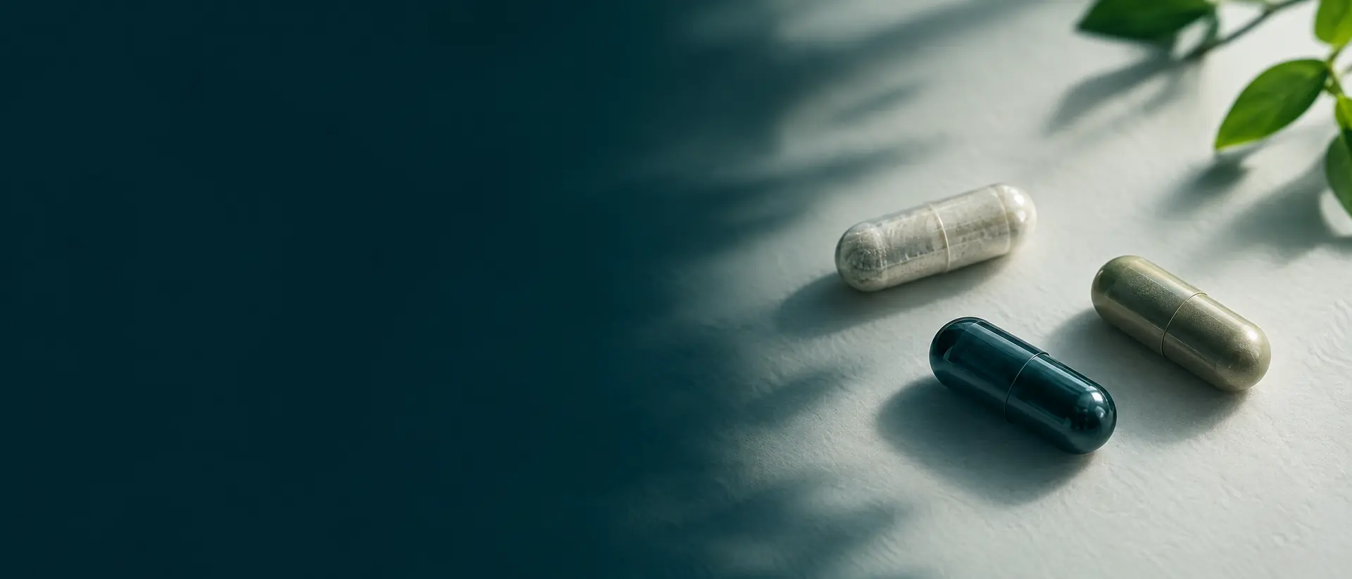 Three plain unmarked capsule shells on an off-white surface with soft shadows