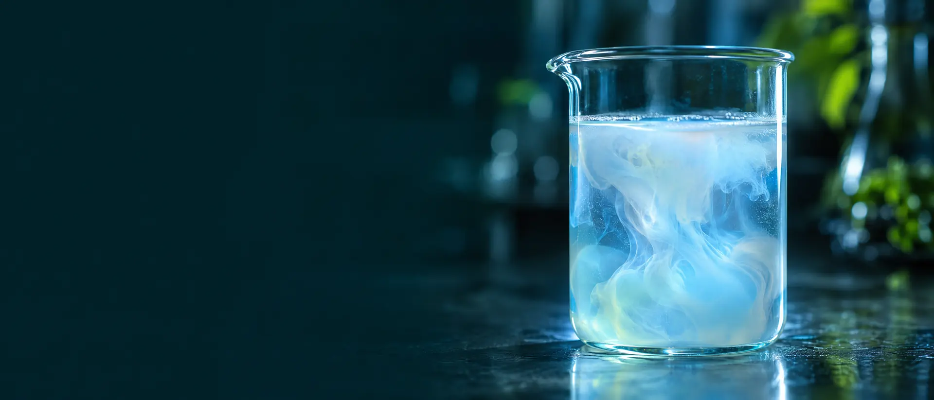 Opalescent milky dispersion in a clear glass beaker glowing faintly blue when backlit