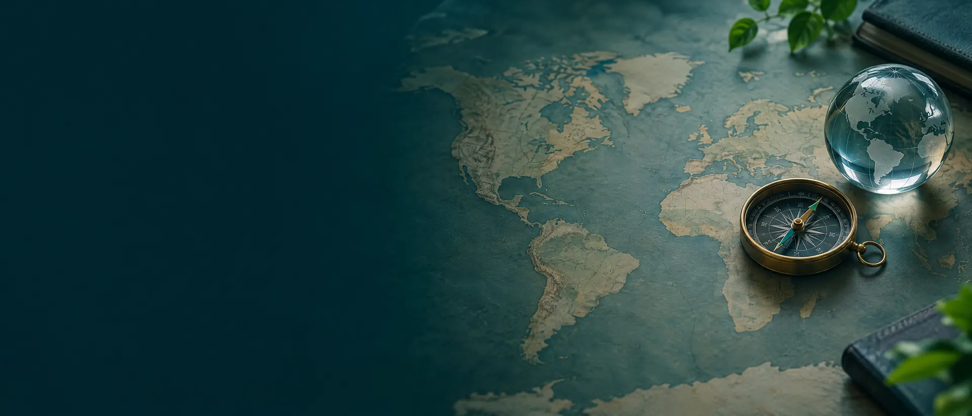 Muted sand-toned world map with a brass compass and a glass sphere, viewed from above