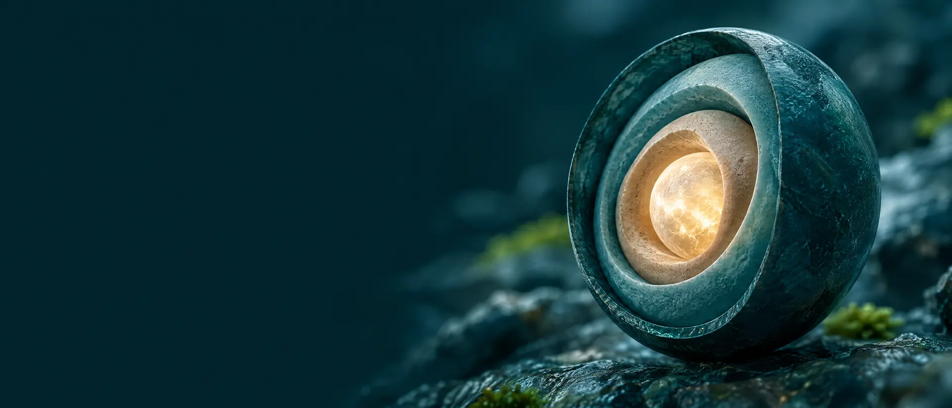 Multi-layer sphere cut open to reveal concentric teal and sand shells around a glowing core