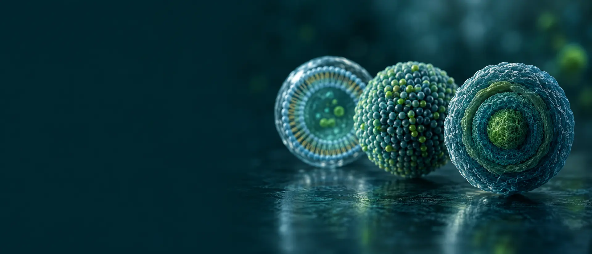 Three spheres receding in depth: a clear vesicle, a dense lipid particle and a multi-shell sphere