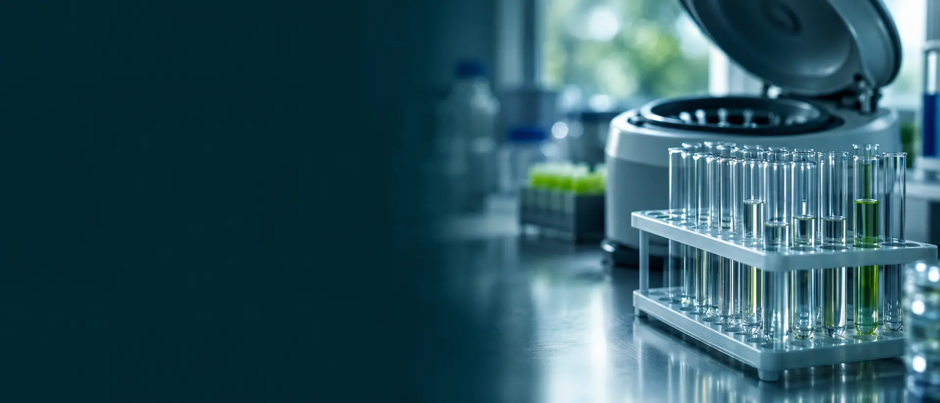 Rows of clear glass test tubes in a rack with a soft-focus centrifuge behind