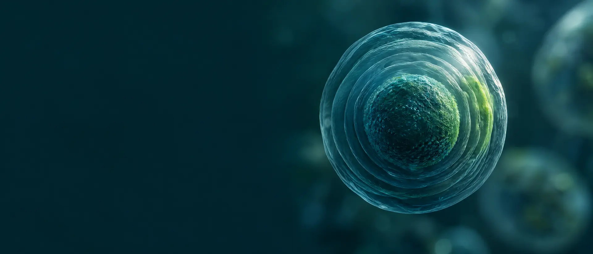 Sphere with many thin translucent concentric shells around a dense core, side-lit