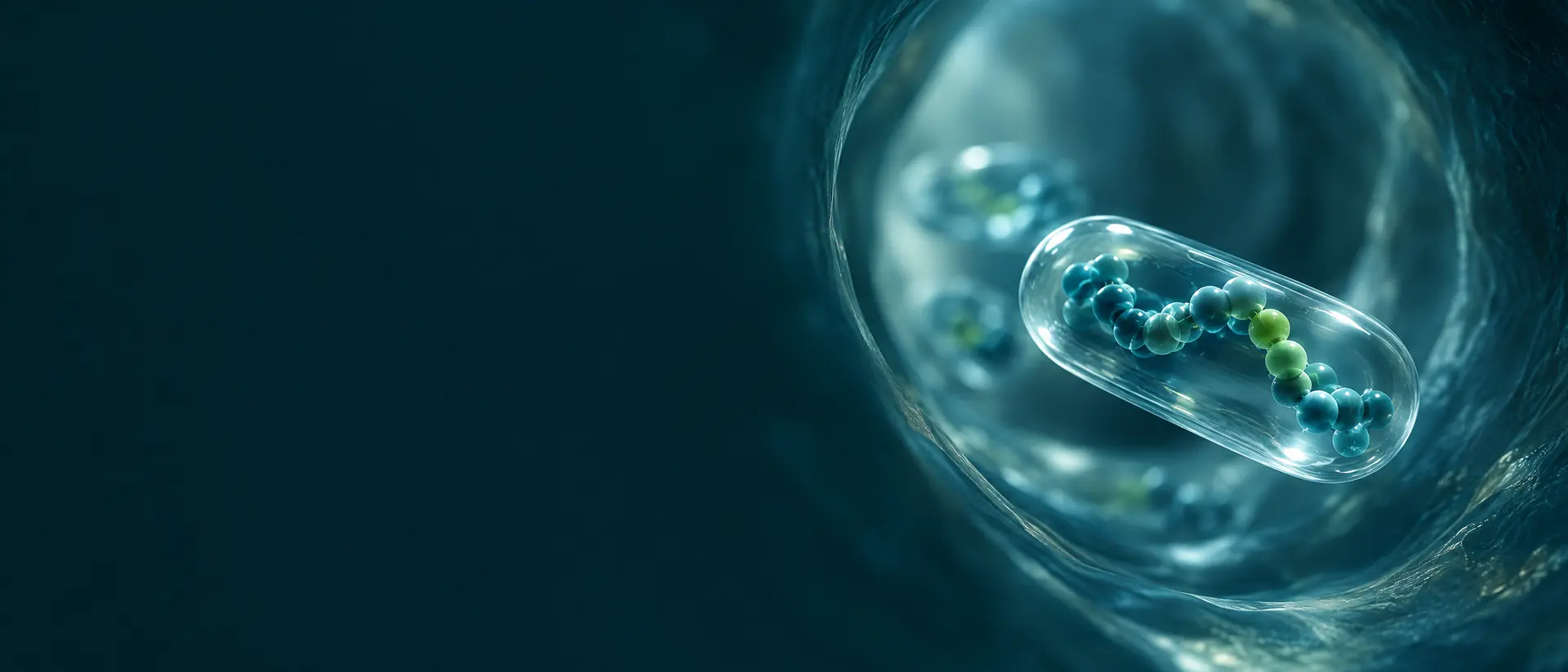 Bead-chain peptide inside a translucent capsule drifting through a softly lit tunnel