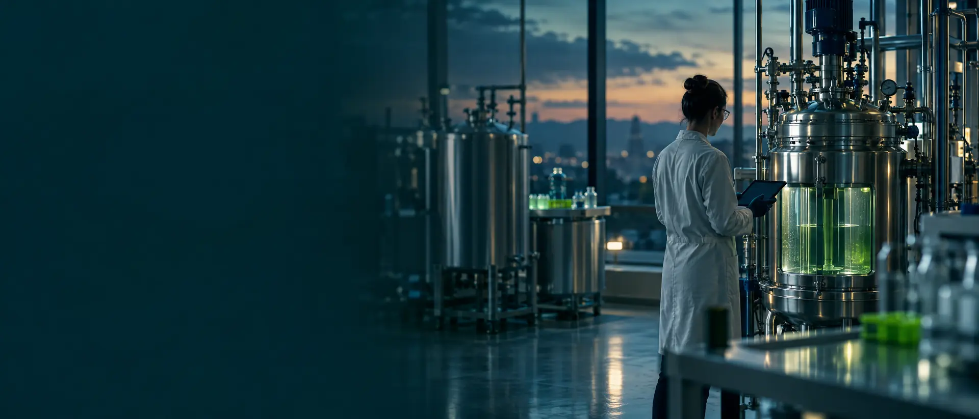Stainless formulation vessels and a jacketed reactor in a dim pilot suite