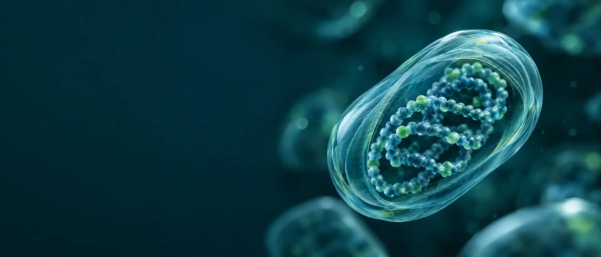 Bead-chain molecule coiled inside a translucent multi-layer capsule on dark teal