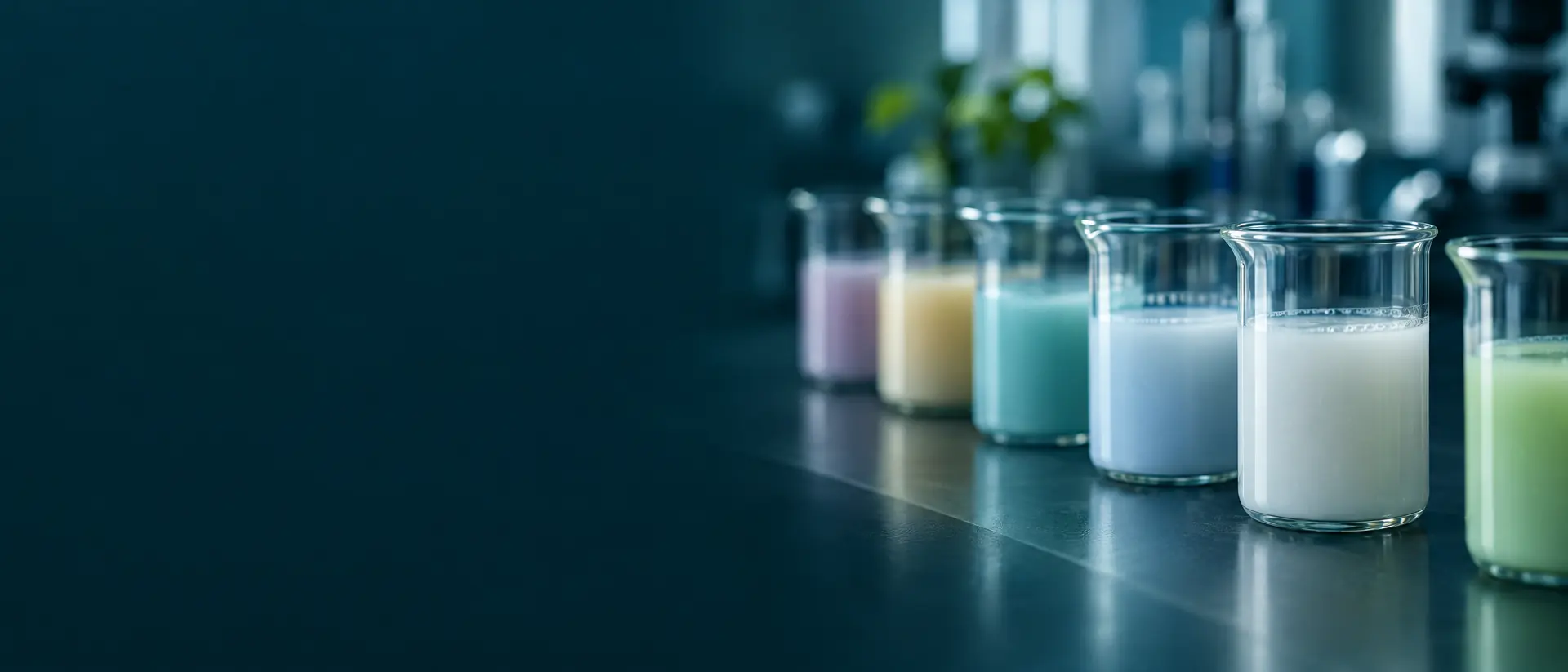 Glass beakers of tinted milky emulsions in soft focus on a dark lab bench