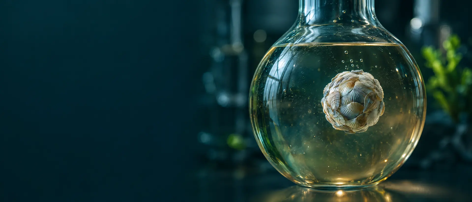 Clear glass flask with faint haze beside a pale floating multi-shell sphere in low light