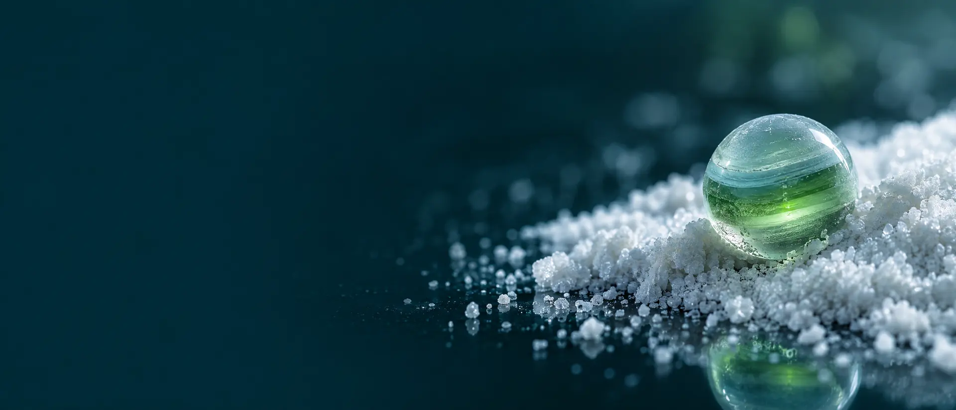 Fine white crystalline powder on dark glass beside a single glowing layered sphere