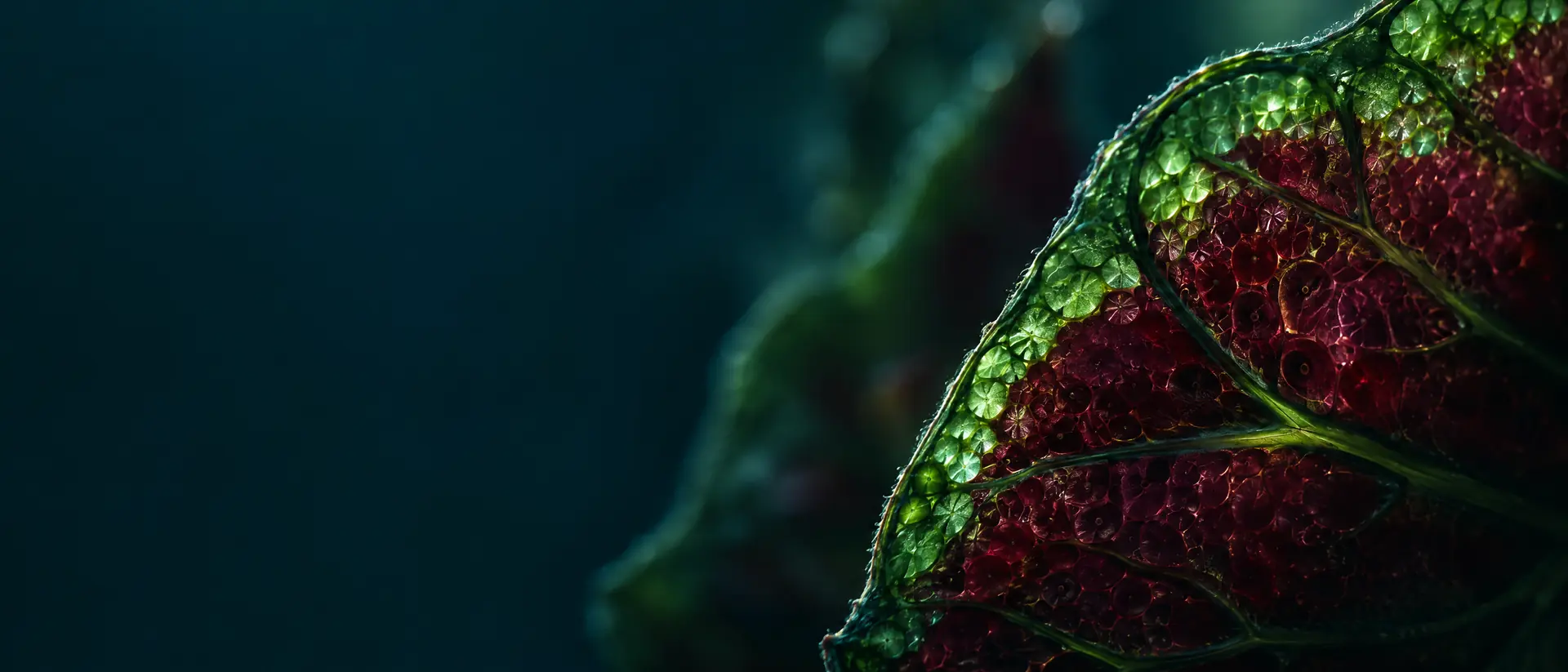Backlit leaf tissue with glowing green and burgundy cellular rings in darkness
