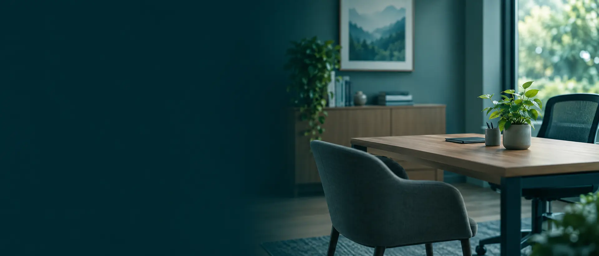 Calm modern consultation room with a wooden desk, a plant and neutral tones