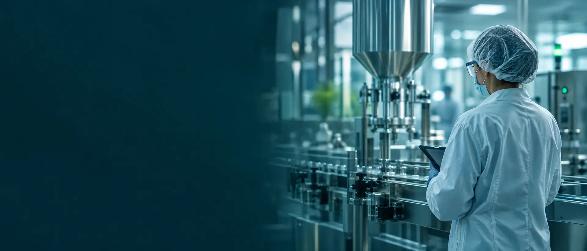 Soft-focus clean formulation room with a stainless filling line in teal light