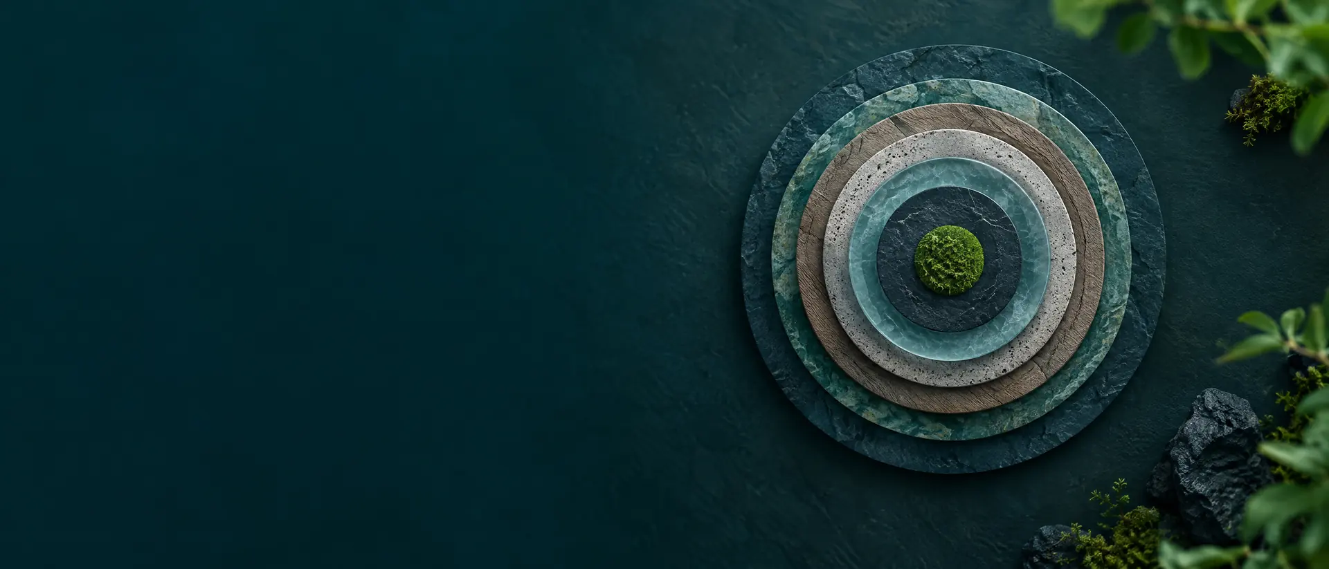 Seven concentric ring forms of different textures on dark slate