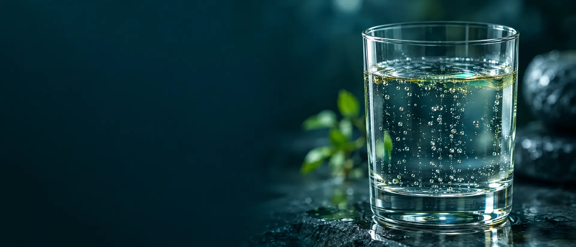 Clear liquid in a plain glass tumbler with tiny rising bubbles